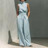 Women's Faux Linen Summer 2 Piece Outfit Sleeveless Stand Collar Top And Wide Leg Pants Matching Lounge Set with Pockets