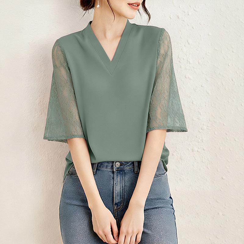 ZANZEA Women Casual V-Neck Lace Splice 3/4 Sleeve Blouse