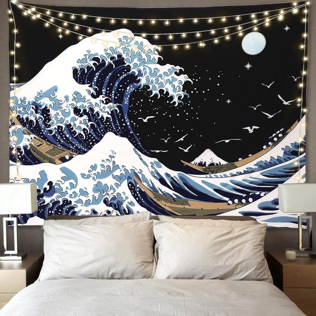 Pentasmile Wall Tapestry for Bedroom Aesthetic Japanese The Great Wave off Kanagawa Tapestries Large Trippy Tapestrys Black Art Tapistry Wall Hanging
