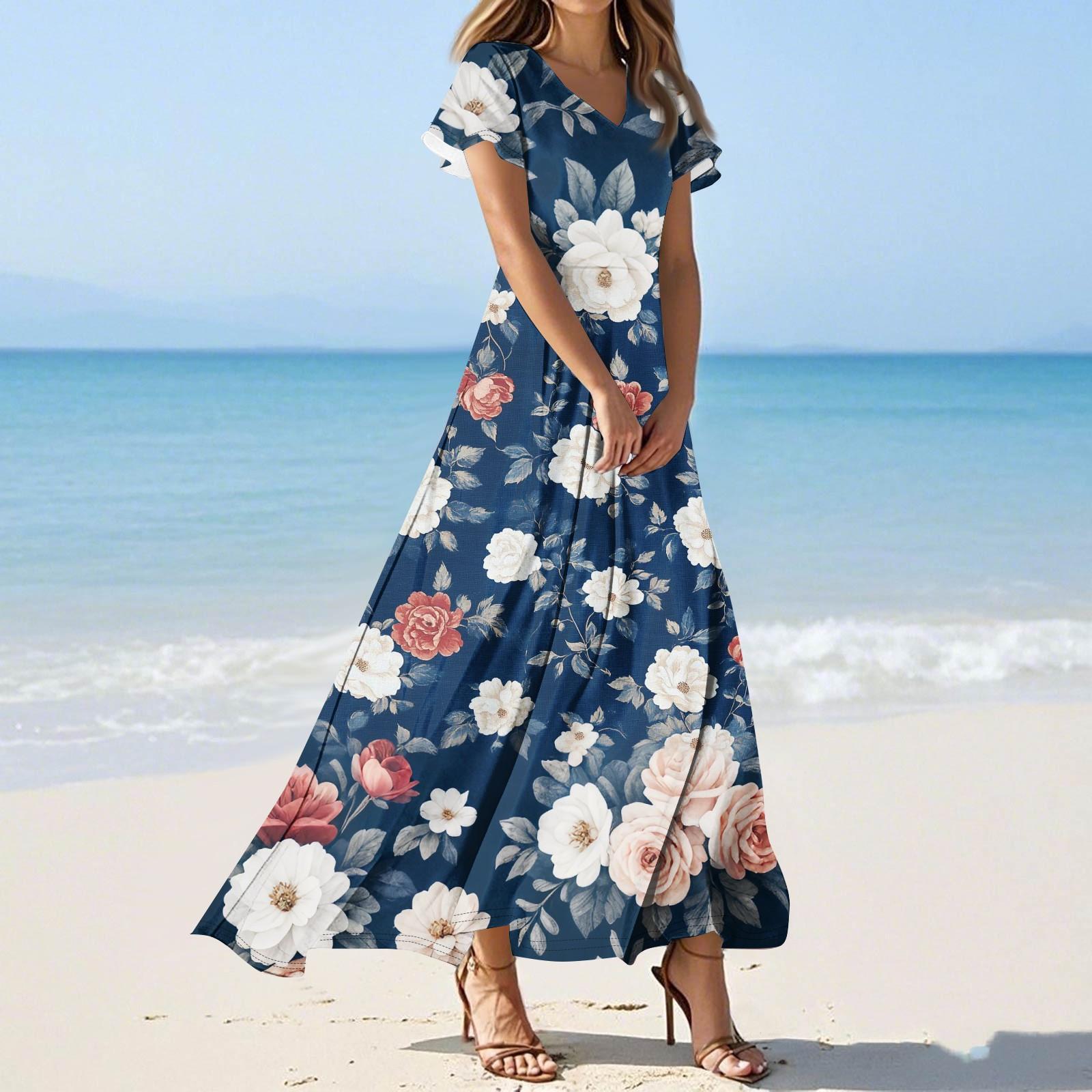 

Women s Casual Fashion Print Long Dresses V-Neck Short Sleeve Dresses XXL