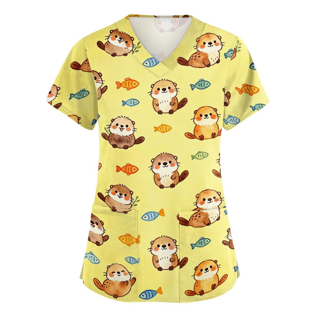 Women V Neck Short Sleeve Work Top with Pockets Animal Print Medical Uniform Scrub Shirt for Healthcare Professionals Nursing Staff