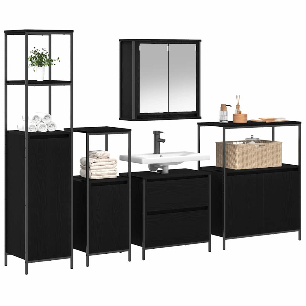 Bathroom Furniture Set with Shelf 5 Pcs Black Engineered Wood
