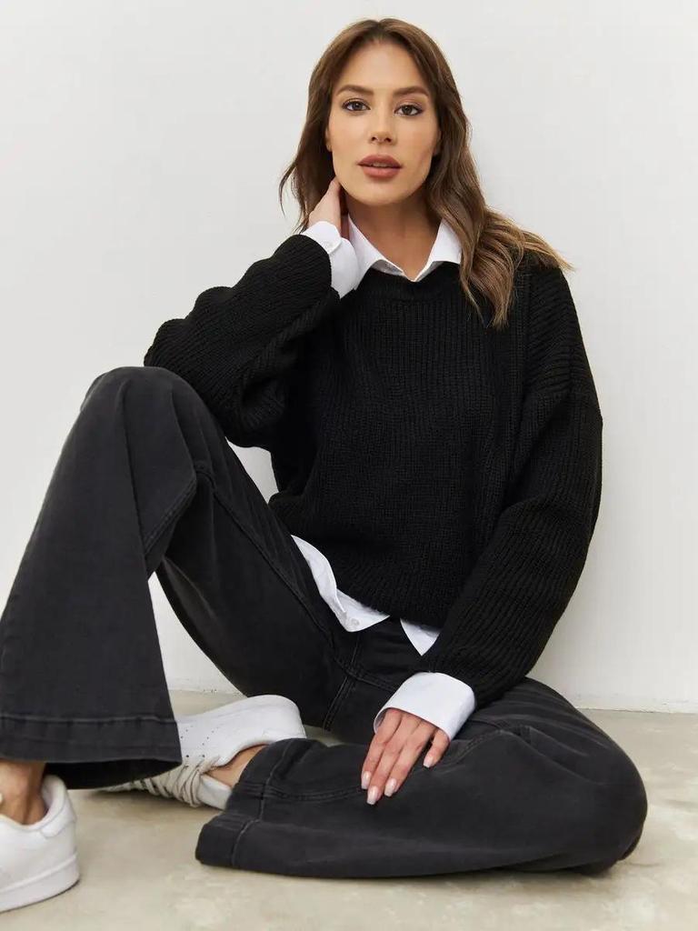 Plain Round Neck Sweater - 2024 European & American Spring/Autumn Loose Knit Pullover for Women