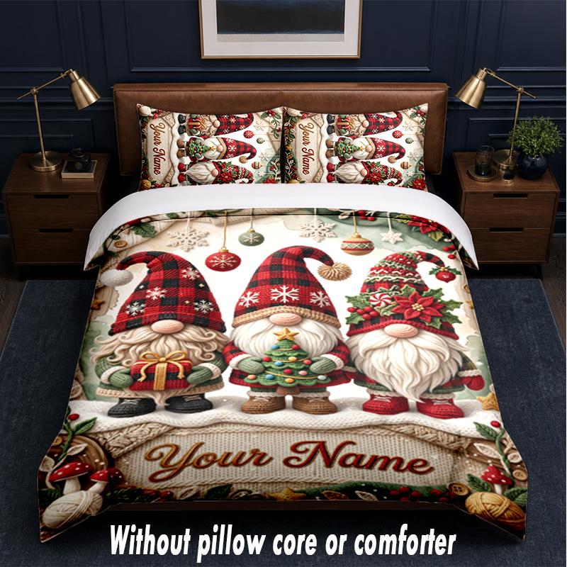 Gnome Theme Custom Text Or Name 3Pcs Bedding Set,1 Flat Sheet & 2 Pillowcases Personalized Home Bedding