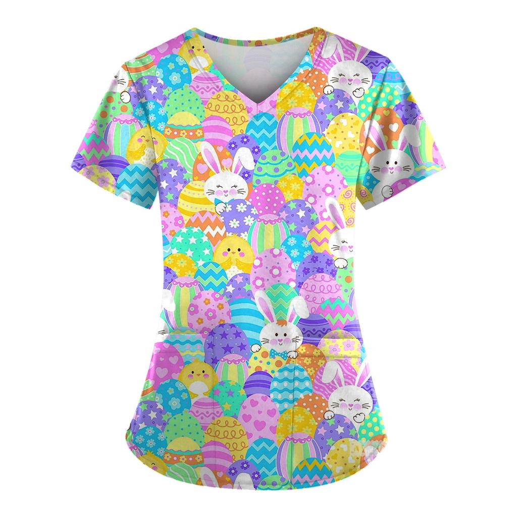 Plus Size Printed Scrub Working Uniform Tops For Women's V-Neck Short Sleeve Fun T-Shirts Workwear Tee With Pockets