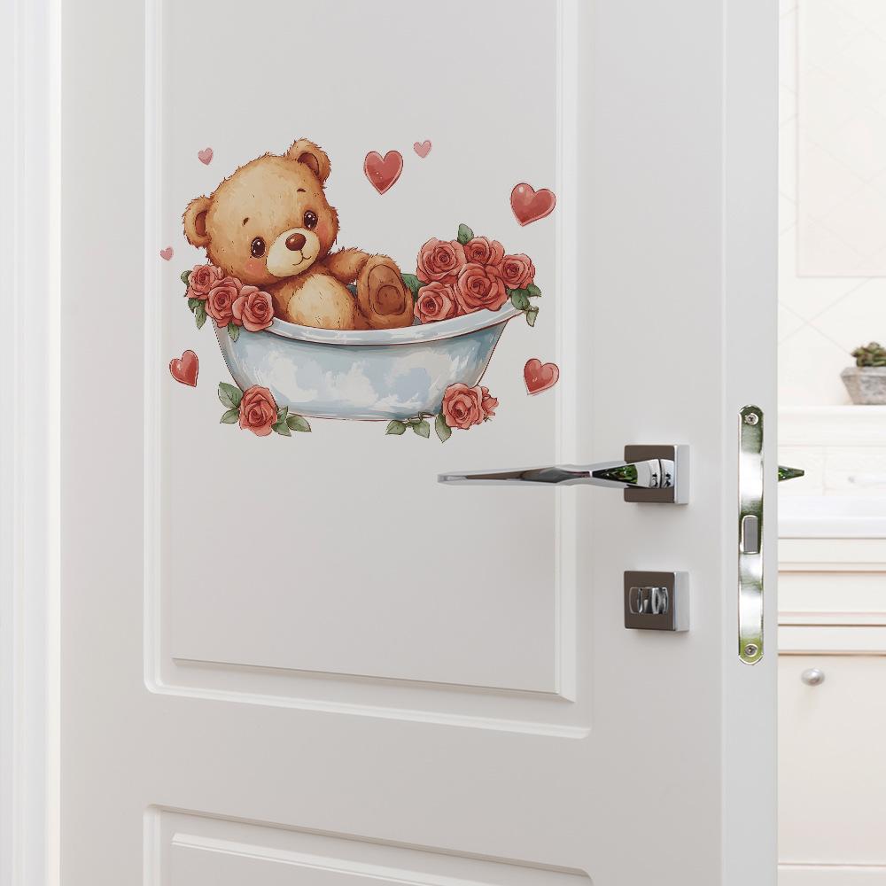 Bathtub Bear Roses Bathroom Bathroom Home Background Beautification Decoration Wall Stickers