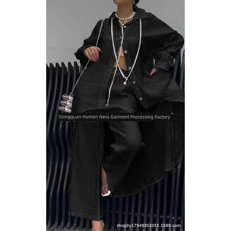 Casual Foreign Trade Irregular Hem Long sleeve Top Pants set Women Irtop Regular Pants Set
