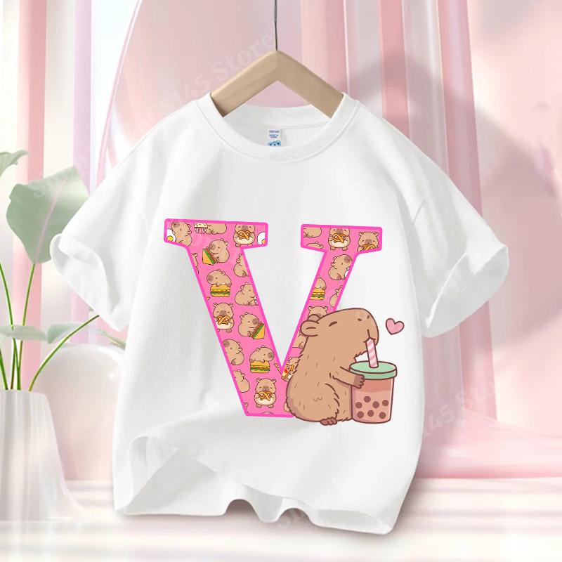 Capibara Cute T-shirt Kids Anime Capybara Letter A-Z Tees Girls Summer Short Sleeve Cotton Tops Children Clothes Gift Hot Sales