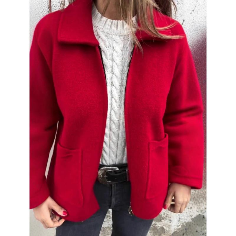 2025 Autumn and Winter New Women's Lapel Solid Color Zipper Pocket Jacket