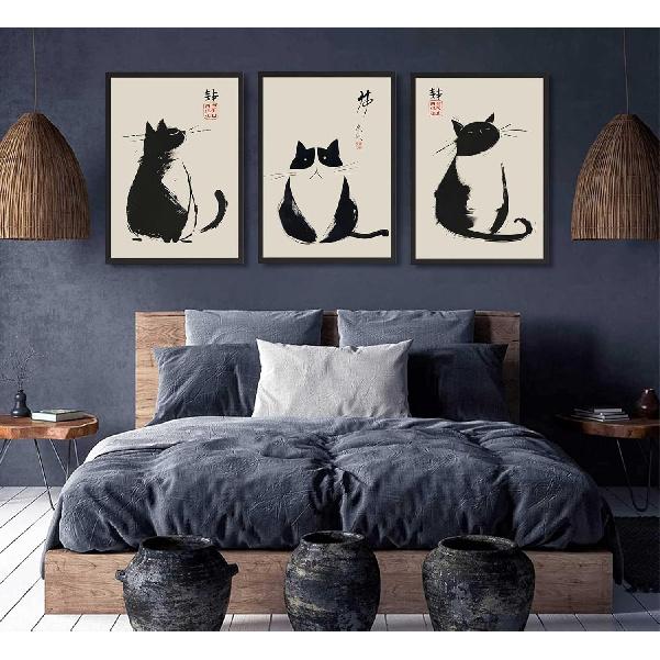 3Pcs Vintage Japanese Cat Wall Art Cute Funny Japanese Black Cat Canvas Paintings Japanese Matsumoto Hoji Prints Neutral Wall Decor Cat Pictures