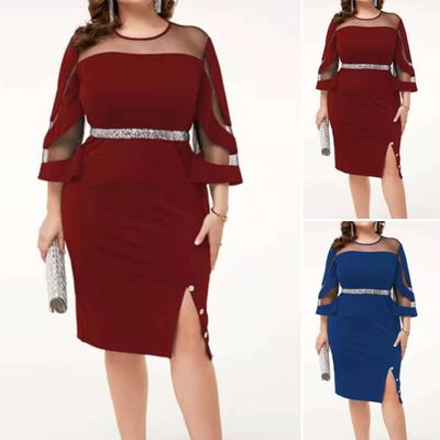 Dámské šaty Průhledné síťovina Patchwork Pochva s děleným lemem Slim Fit Tříčtvrteční rukávy Lesklý Pudr Výstřih Ples Večerní oblečení do kanceláře Midi šaty