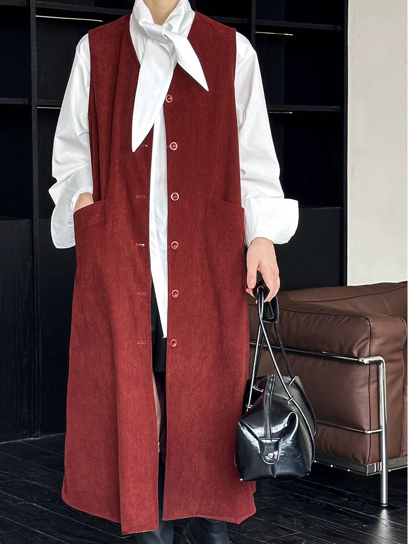 

Осень 2024 Оранжевый Zhi Корейский стиль Красный Однобортный Жилет средней длины с большими карманами M