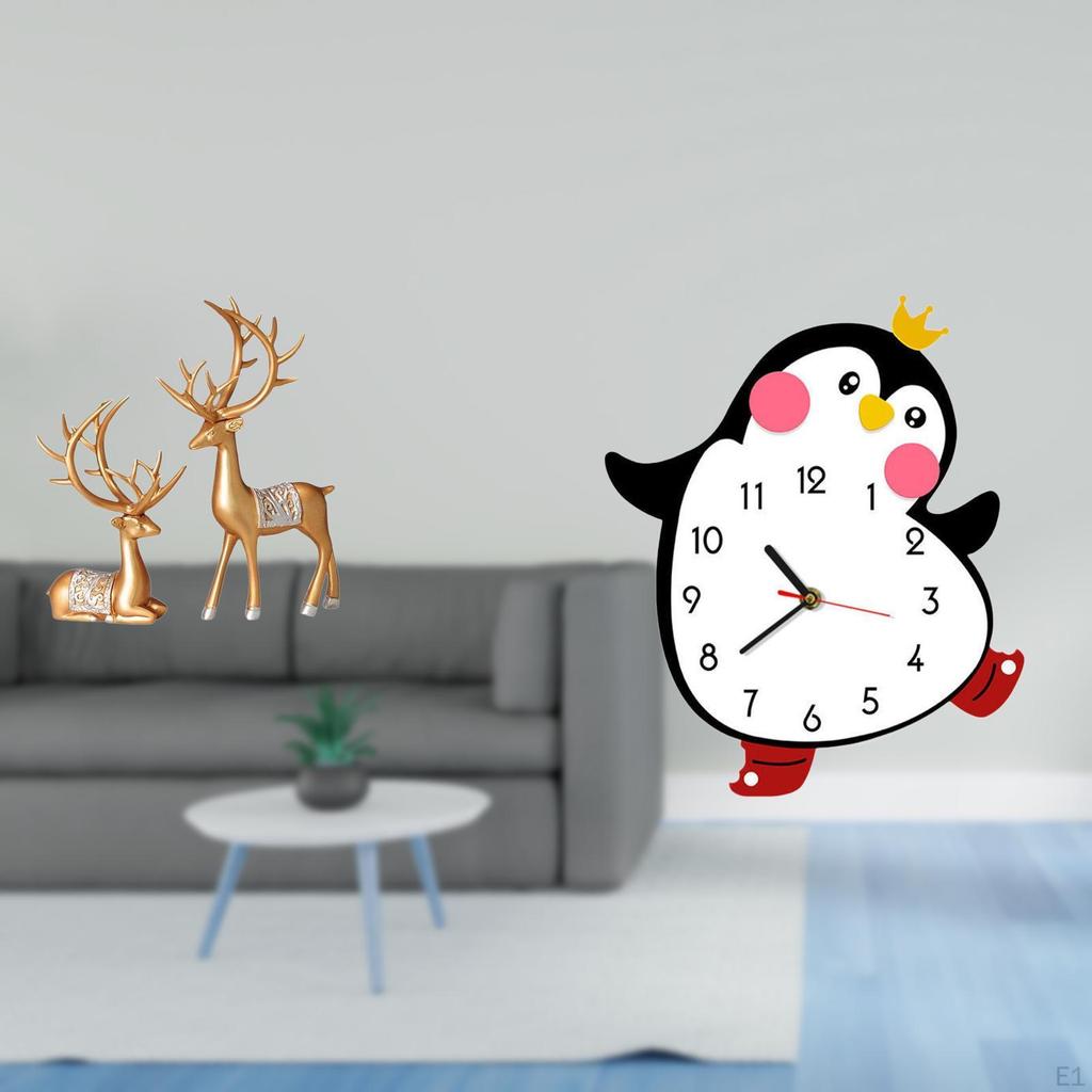 European Reindeer Sculpture And Cartoon Penguin Wooden Wall Clock Collectable Craft Decorative Home
