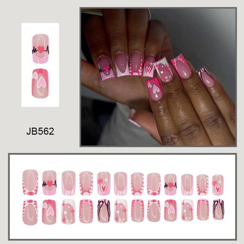 Stylish Pink Heart Press on Nail Medium Square False Nail Acrylic Stick on Nail for Enhancing Valentine's Day Charm