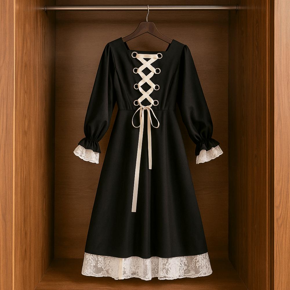 Slim Fit Lace Princes Dress Pleated Puff Long Sleeved Dress Fashion Girls Long Dress  Ladies