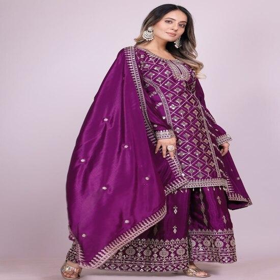 Majestic Purple Embroidered Sharara Suit Set