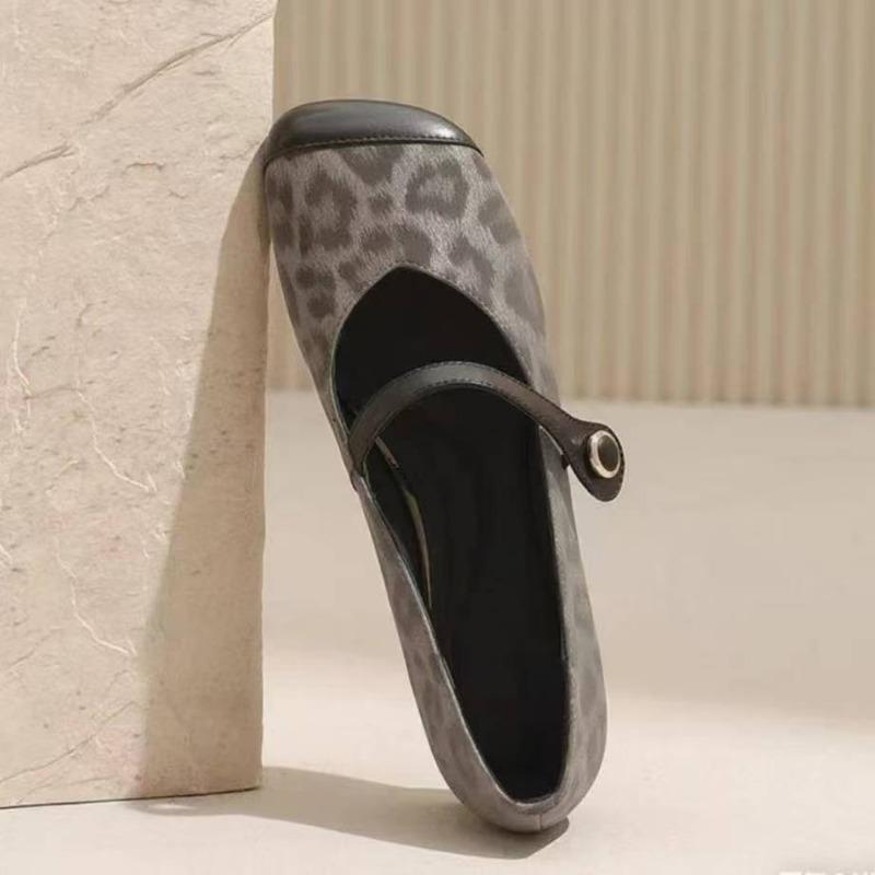 Autumn New Women's Shoes Leopard Print Soft Leather Mary Jane Shoes Square Head Flat Shoes Retro Evening Shallow Mouth Single Shoes Women