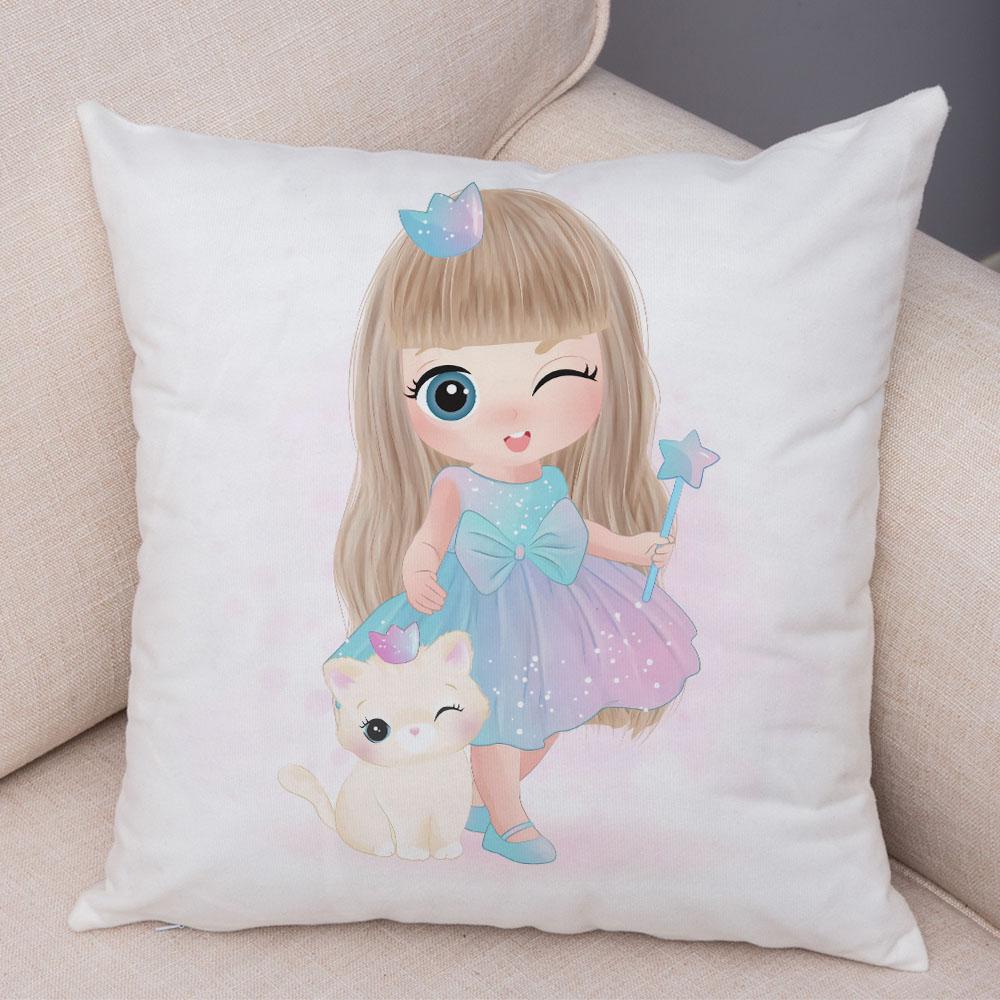 Children's Room Sofa Home Pillowcase Cute Cartoon Girl and Cat Pillowcase Decoration Cute Animal Cushion Cover