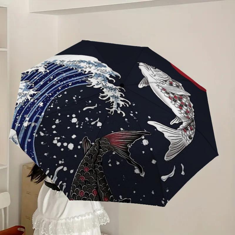 1pc Koi Fish Swimming Against the Current Umbrella with Plastic Handle,Suitable for All Seasons Home Travel Outdoor UmbrellaDD549