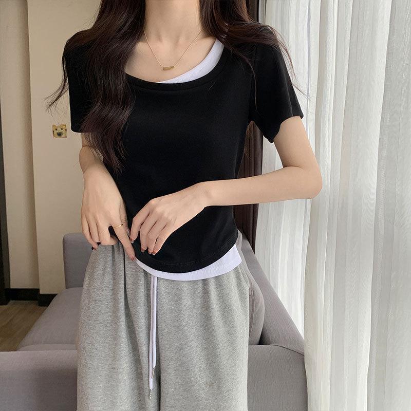 

Футболка с квадратным вырезом и короткими рукавами для женщин, летняя, новый стиль, правое плечо, ниша, короткий, с короткими рукавами, подходящий по цвету, приталенный дизайн топа XL