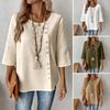 Camiseta Feminina Gola Redonda Manga Meia Manga Corte Solto Pulôver Tops Cor Lisa Decoração com Botões Tops Casuais de Verão Uso Diário