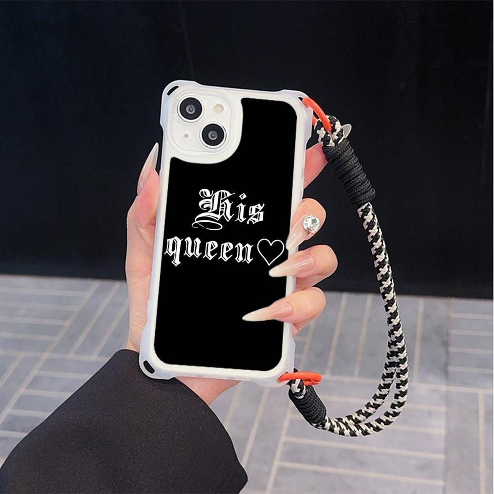 Ae84 King Queen Couple Art Soft Phone Cases for iPhone 16 15 14 13 12 11 Pro Max 8 7 Plus XR XS with Wrist Strap Lanyard Corner Protection Back Cover