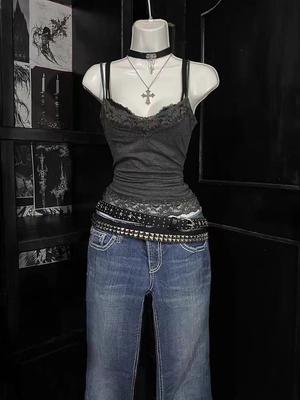 Havalı Punk Harajuku Dantel Düz Renk Y2k Atlet Casual Hip Hop Kolsuz Üst Eşsiz Grunge Gotik Crop Top Sokak Giyim Yelek Retro