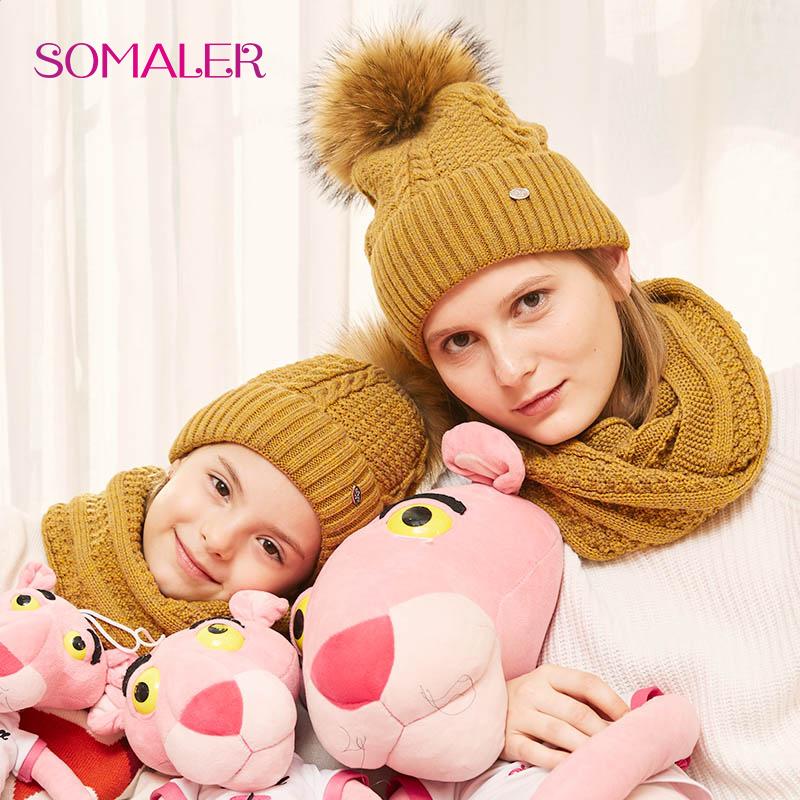 SOMALER Parent-child Hat and Scarf Set Wool Knitted Baby Hat Female Winter Scarf Cotton Caps Boy Parent Suit