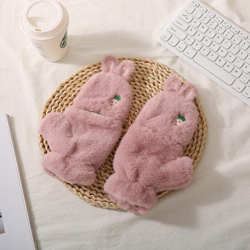 Cute Rabbit Gloves Women's Autumn and Winter Fleece Thickened Casual Windproof Cute Warm Plush Full Finger Neck