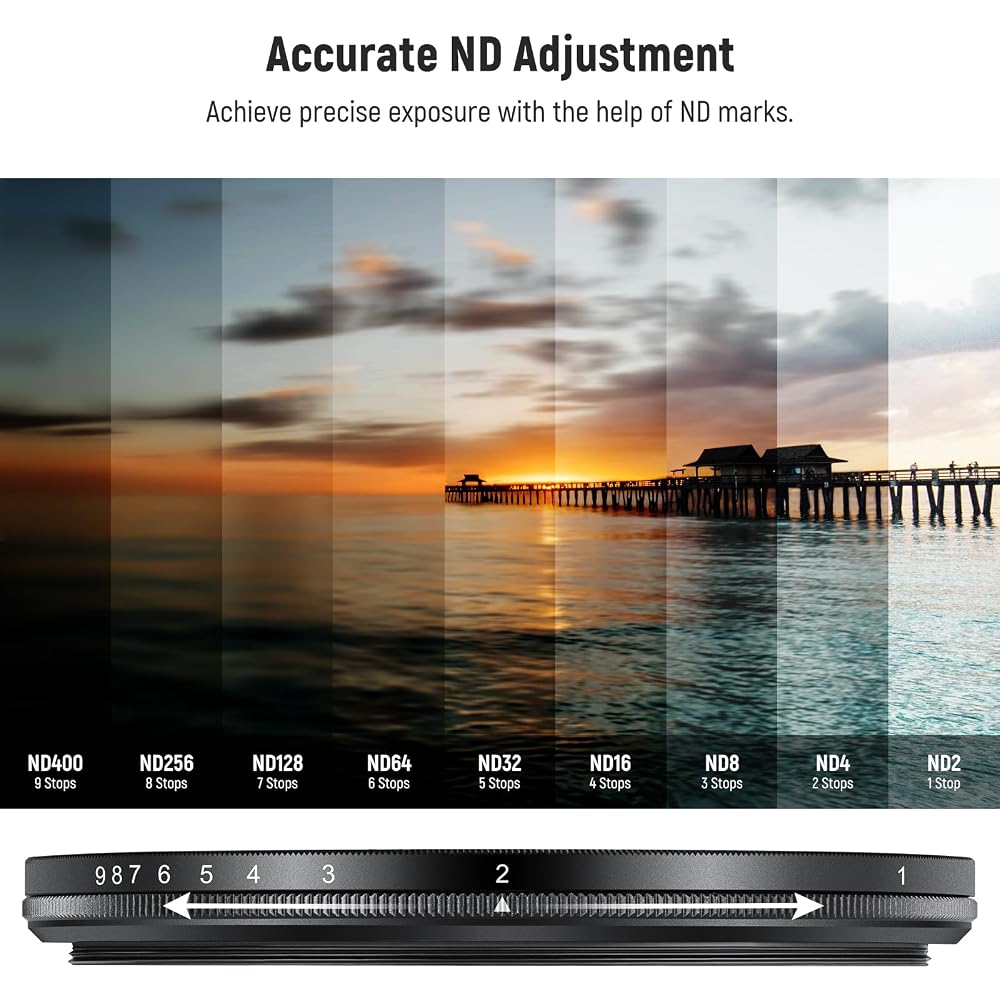 NEEWER 82mm Variable ND Filter ND2-400 (1-9 stops) with Lens Cap/Strap/Cleaning Cloth, Adjustable Neutral Density, Multi-layer Coated Optical Glass, W