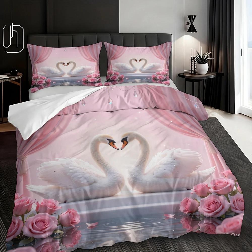 3 Piece Set Romantic Swan Valentine's Day Print Quilt Set, Including 1 Duvet Cover and 2 Pillowcases (excluding Padding)