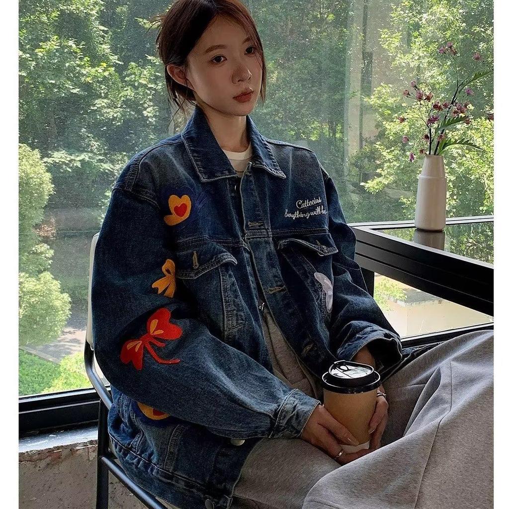 Trendy Unisex Butterfly Washed Denim Jacket - Spring/Autumn Casual Loose Fit
