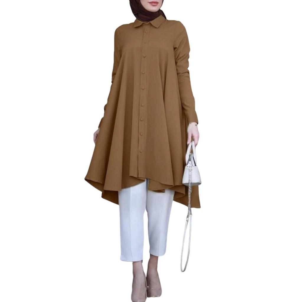 Muslim Women's Lapel Wrap Button Placket Swallowtail Curved Hem Multicolor Long Sleeve Women's Shirt Dresses