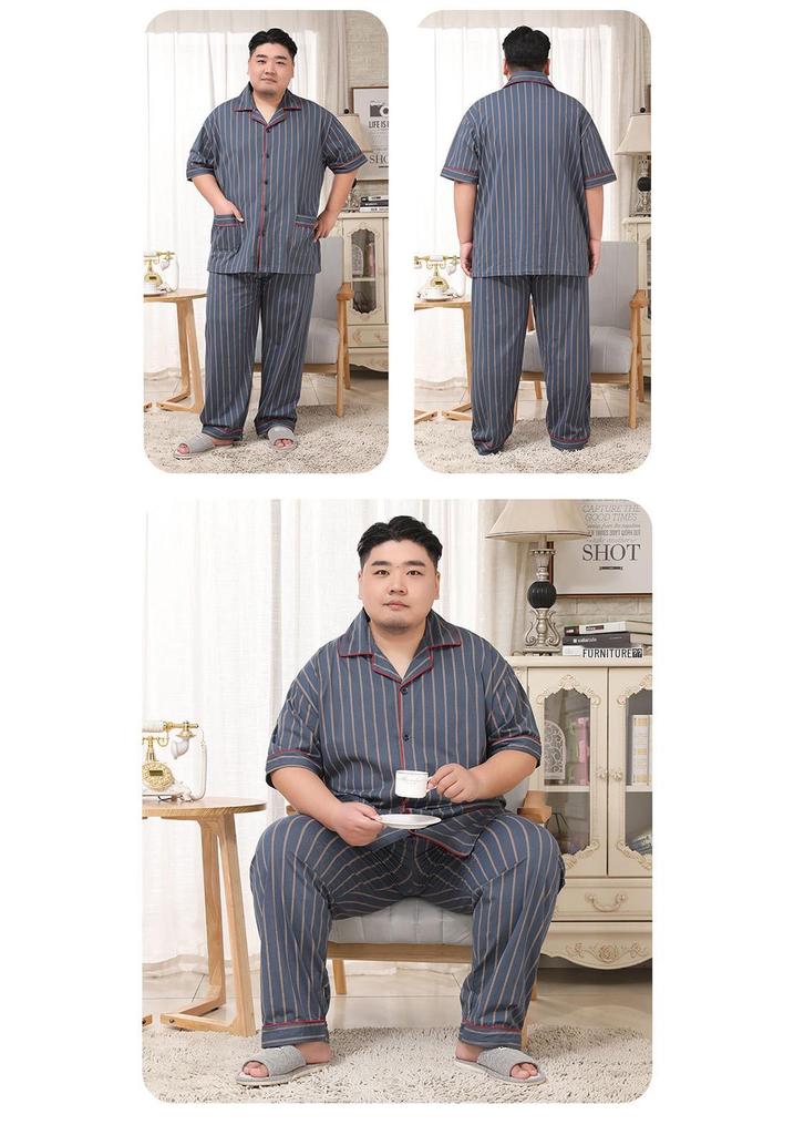 Mei Ji Yun Men's Cotton Lapel Pajama Set - Short Sleeve, Long Pants, Plus Size
