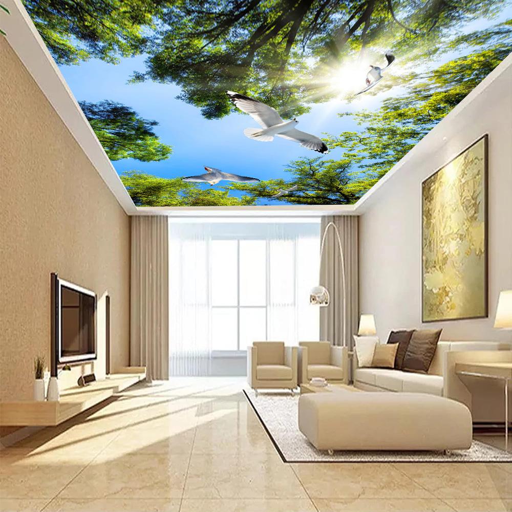 Blue Sky Green Tree White Pigeon Ceiling Wallpaper 3d Large Ceiling Mural Simple Restaurant Living Room Ceiling Wallpaper