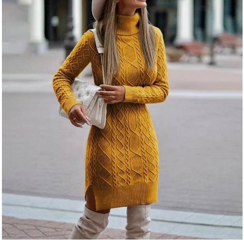 Autumn Winter Woman Long Sweaters with Throat Female Sweater Dress Skinny Mini Knitted Dresses Women's Turtleneck Oversize