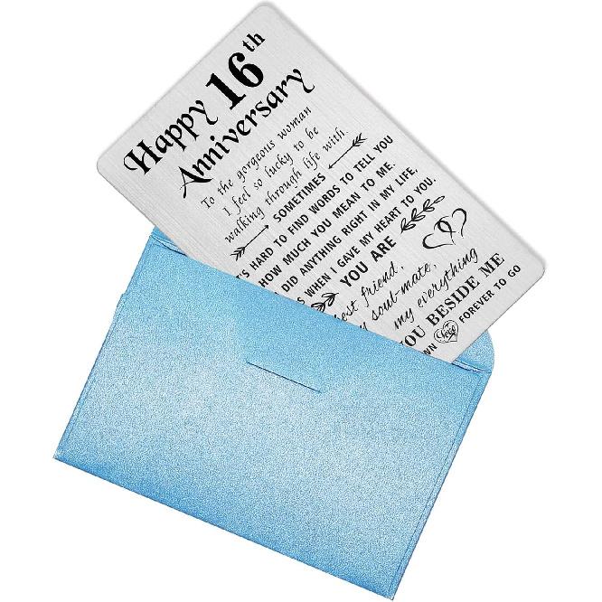 TANWIH 16th Anniversary Card for Wife - 16 Years Down Forever to Go - 16 Year Wedding Anniversary Card Gifts for Her Women, Engraved Metal Wallet