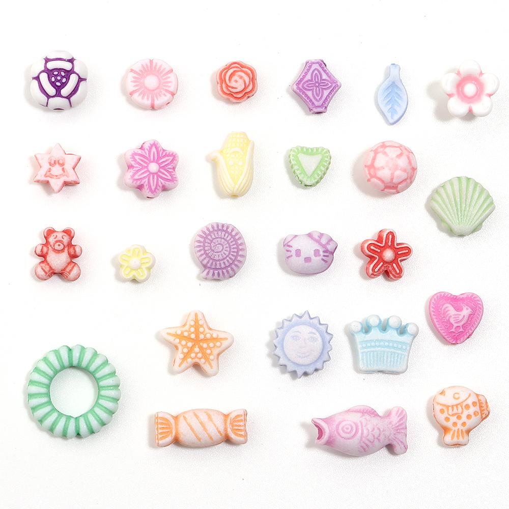 200pcs/lot Multiple Styles Plastic Beads Cat Flower Star Fish Shell Beads Loose Spacer Beads For Jewelry Making DIY Accessories