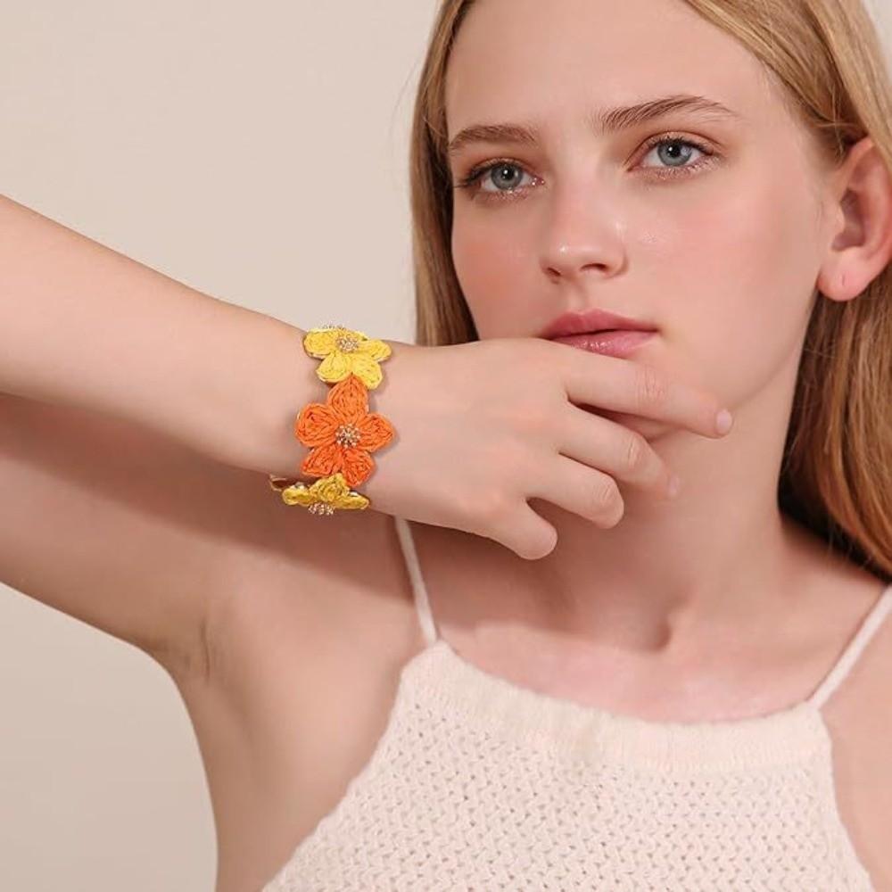 C-shaped Woven Flower Bangle Vintage Hand Ring Retro Raffia Grass Bracelet  Daily