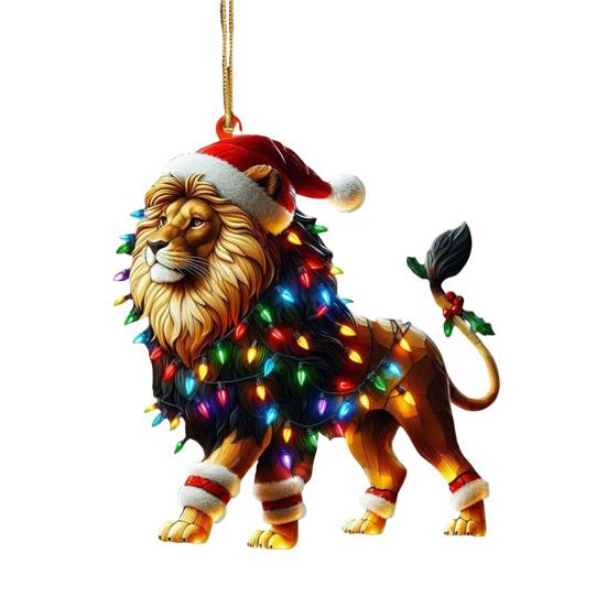 Christmas Ornament Flat 2D Acrylic Lion Wearing Santa Hat Charm Christmas Hanging Ornament with Rope