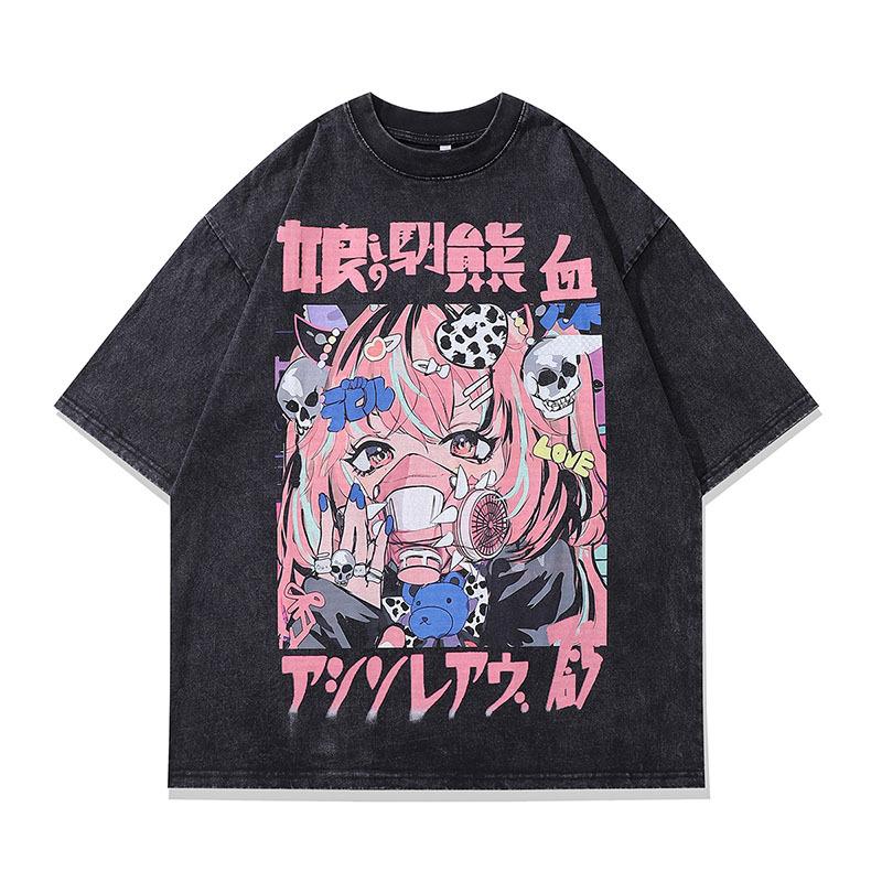 Harajuku Y2K Anime Cartoon Print Babes Short-Sleeved T-Shirt Men'S And Women'S Hiphop High Street Hip-Hop Half-Sleeved Base
