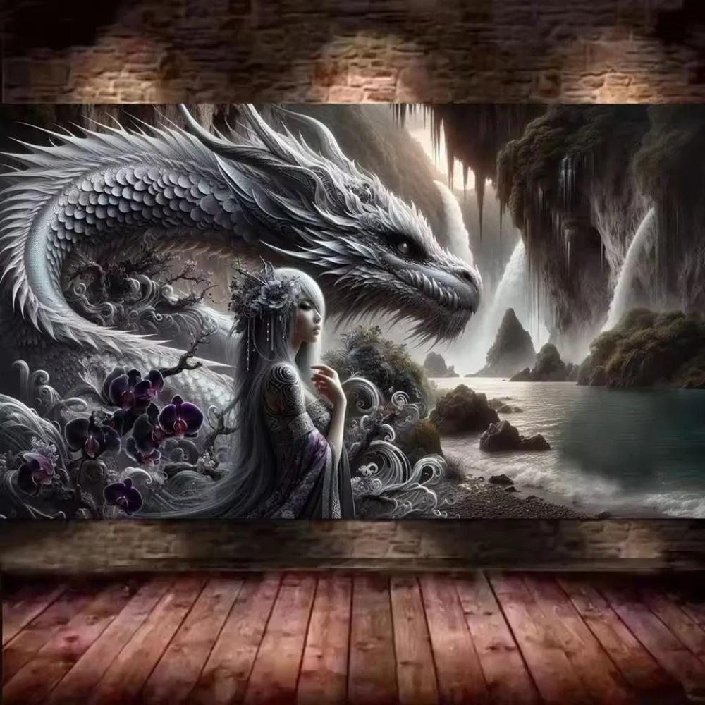 Purple Black Dragon Woman DIY Vibrant Colorful Orchid Flower 5D Full Diamond Painting Cross Stitch Kits Mosaic Embroidery