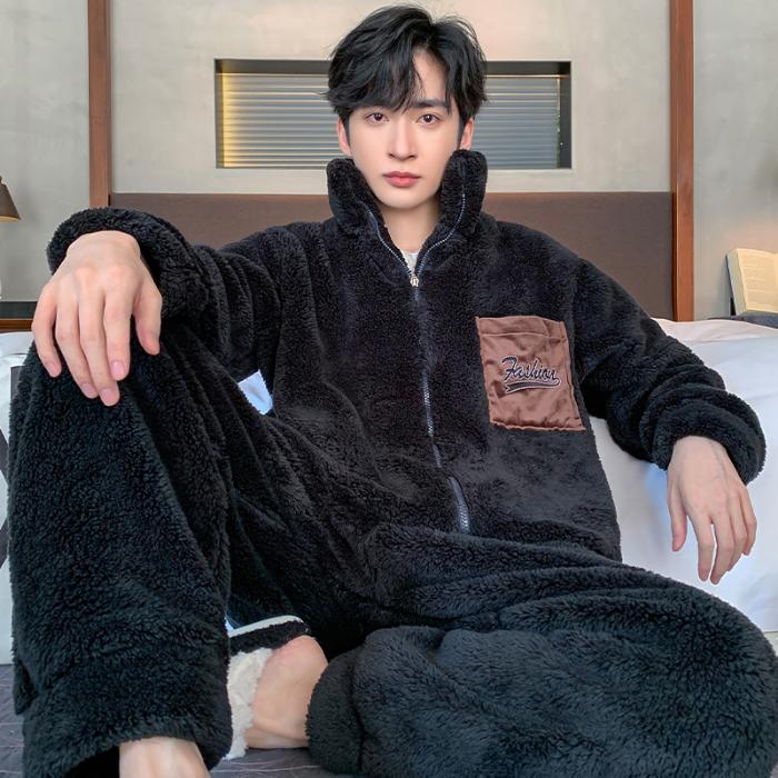 Pyjama en molleton de corail pour homme, ensemble de vêtements de nuit chauds en flanelle épaisse, surdimensionné, fermeture éclair, doux, mode, solide, pour la maison, automne et hiver