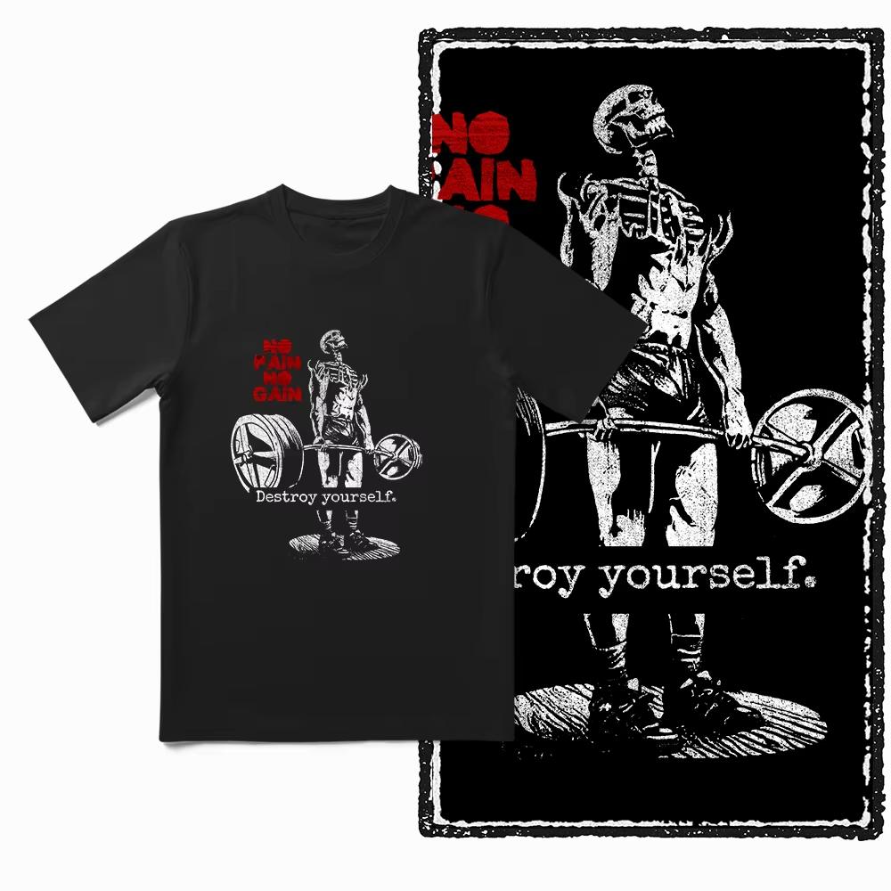 2025 Summer Barbell Pattern Exercise Training Short-Sleeved Cotton Loose And Breathable Men's Fitness Enthusiast T-Shirt Top