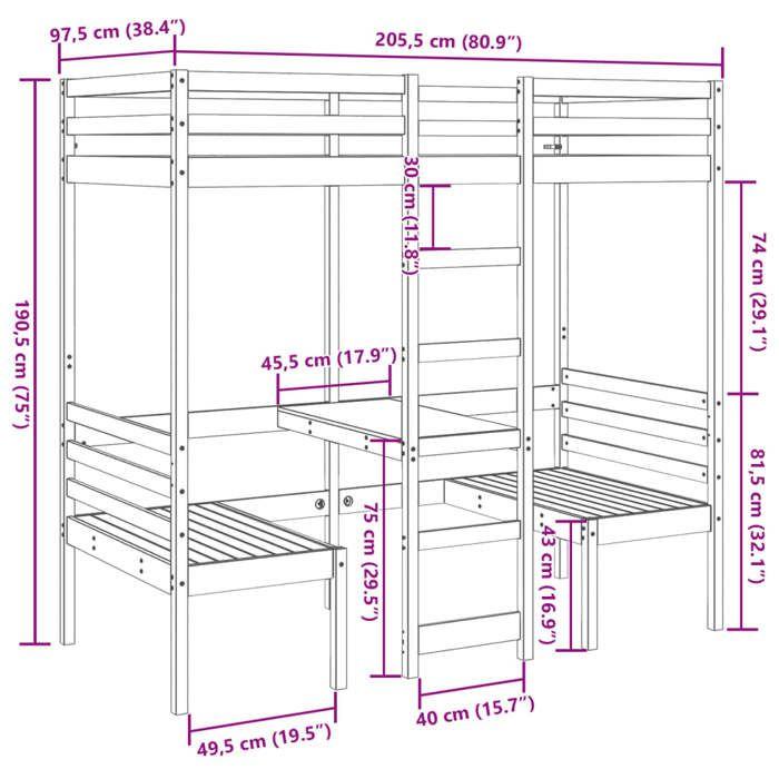 VidaXL Lit mezzanine avec bureau et chaises brun cire 90x200 cm pin, cadre de lit mezzanine, cadre de lit de cabine, cadre 3308555