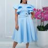 Womens Elegant Ruffle Sleeve Waist Tie A Line Midi Evening Dress