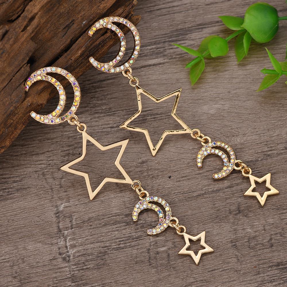 Korean High-End Star & Moon Zirconia Long Earrings - Personalized Fashion Statement