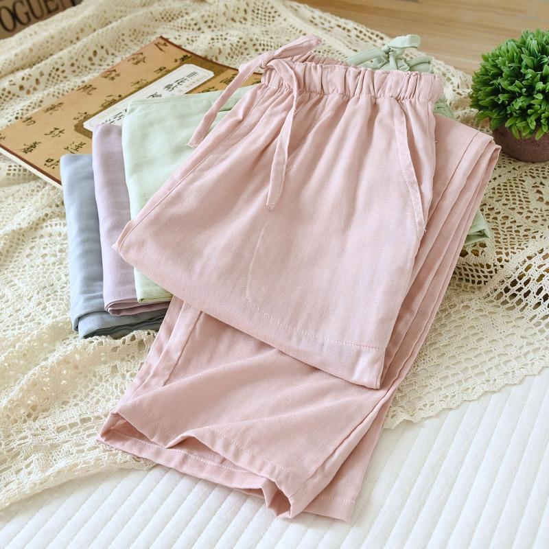 2026 New Women's Sleeper Pants 100% Cotton Gauze Candy Color Solid Color Pants Flat Mouth Home Pants Bottoms Sleepwear