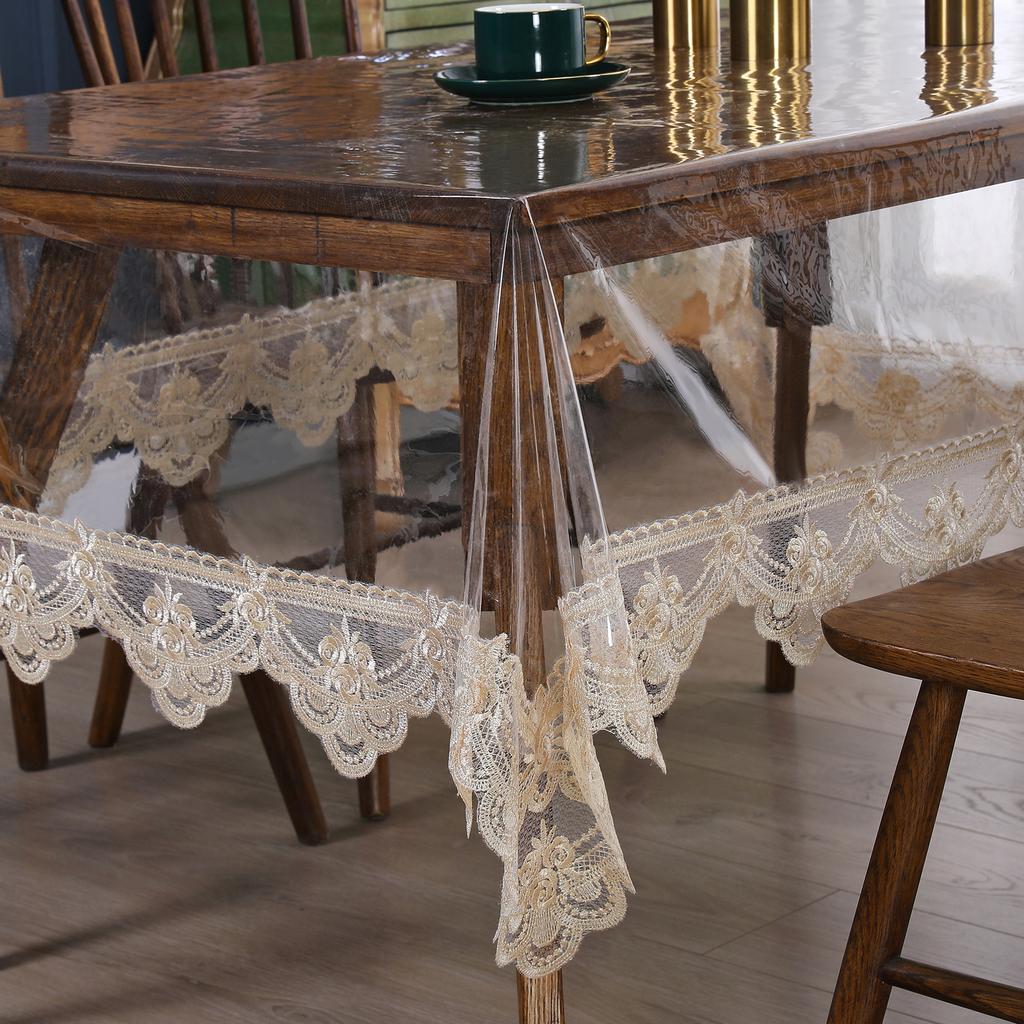 PVC Waterproof Soft Glass Transparent Dining Table Cloth Birthday Tea Table Set Rectangular Party Embroidery Lace Decoration