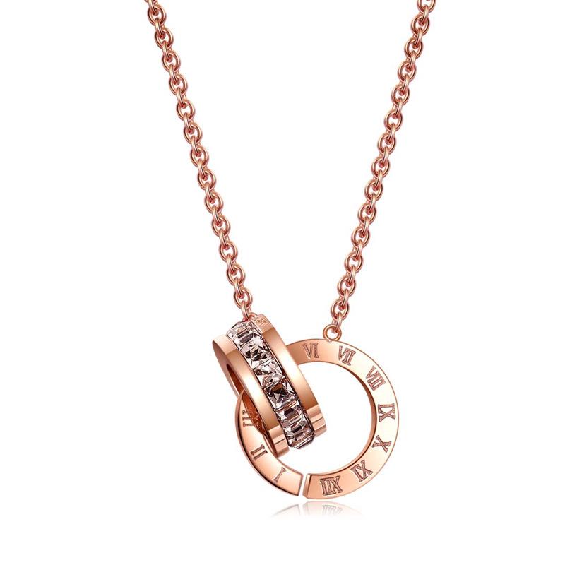 Women's Titanium Steel Double Ring Necklace: Non-Fading, Geometric, Rhinestone Clavicle Chain